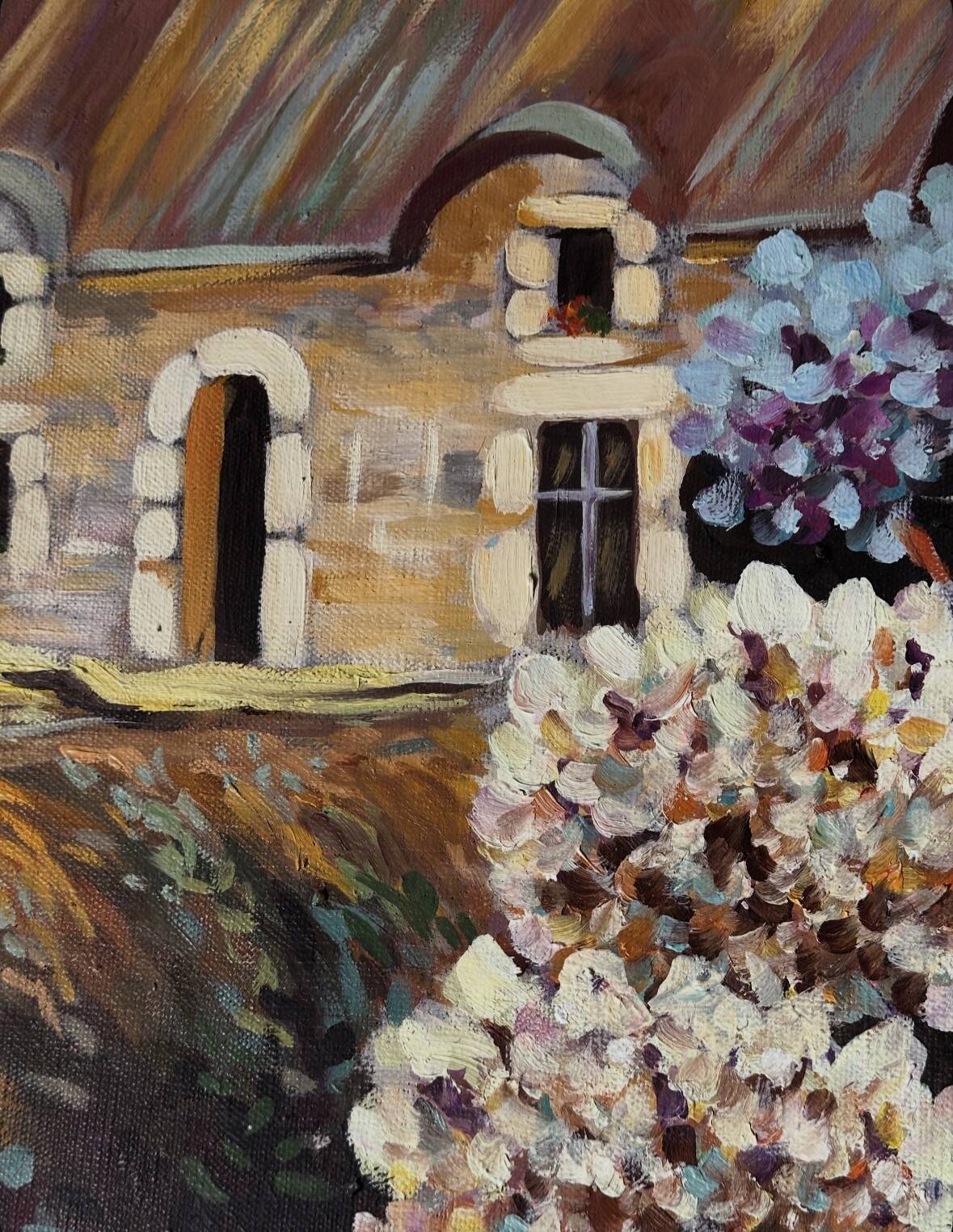 Oil on canvas framed – House with hydrangeas, Yvonne Sellier