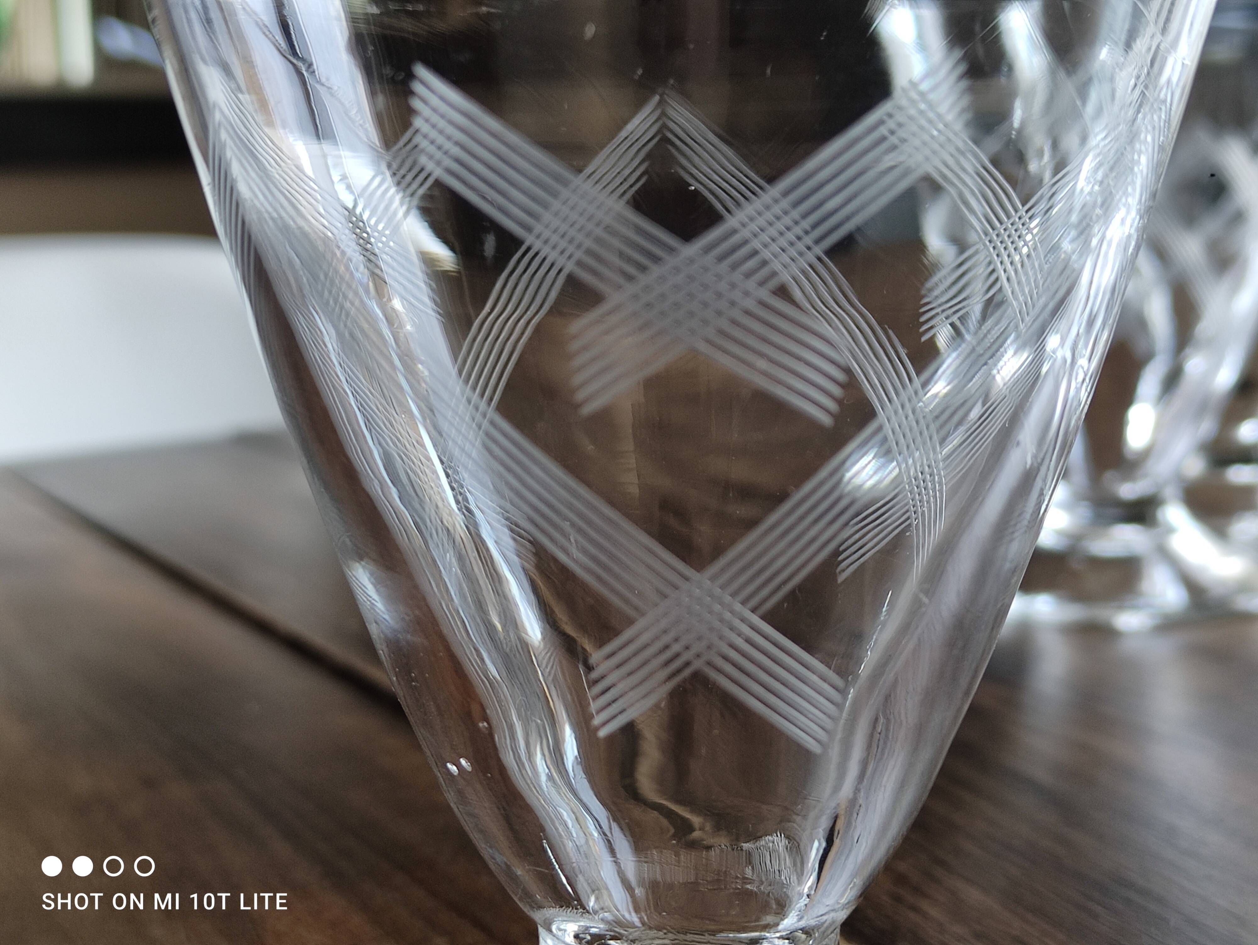 Set of 9 conical glasses on pedestal in antique chiseled glass crosses