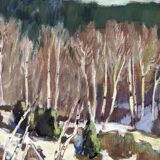 1952 Mid-Century Modern Swedish "Alp Trees" Vintage Winter Landscape Oil Painting, Framed