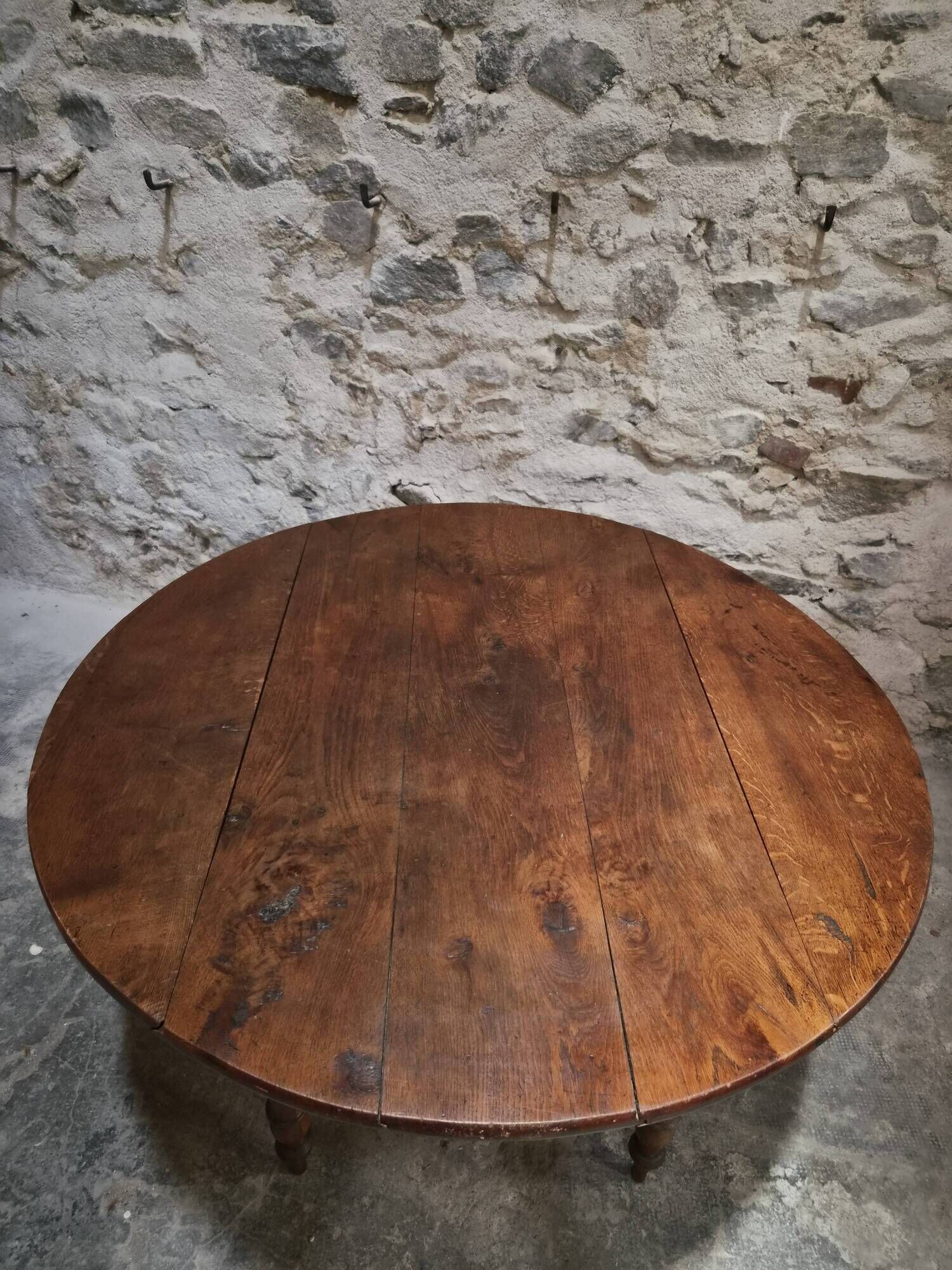 Table à abattants ancienne en chêne français, table à manger ronde, vers 1880–1920