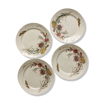 4 flat plates in polychrome iron earth model "Carnations" Gien gold medals