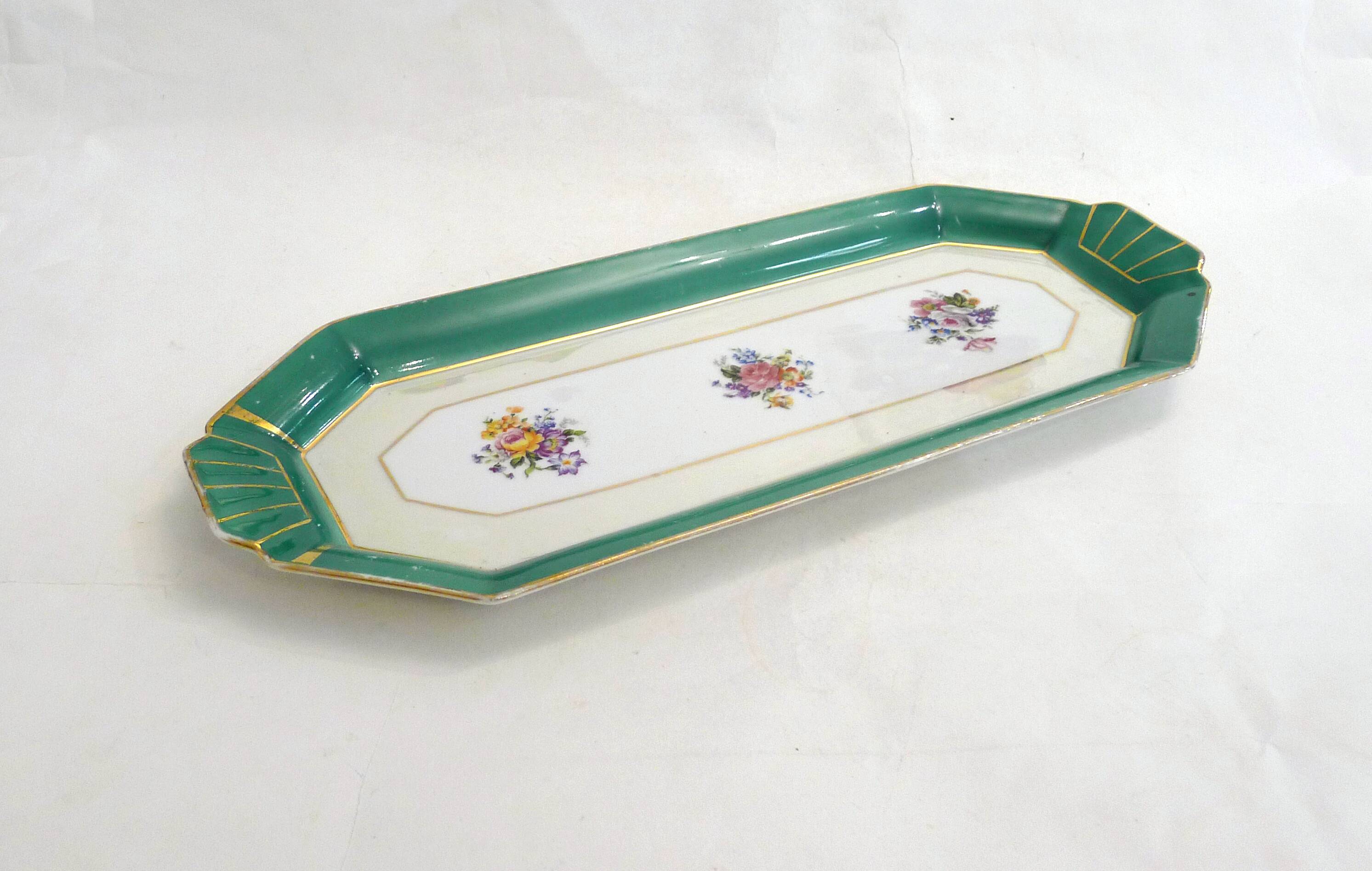 Art Deco floral iridescent cake dish in Limoges porcelain