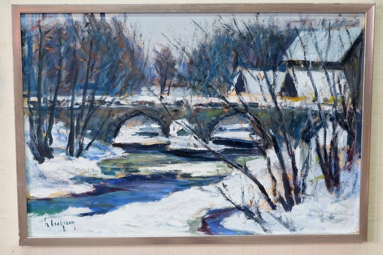 Gideon isaksson (1911-1980), scandinavian modern landscape, 1960s, oil on panel, framed