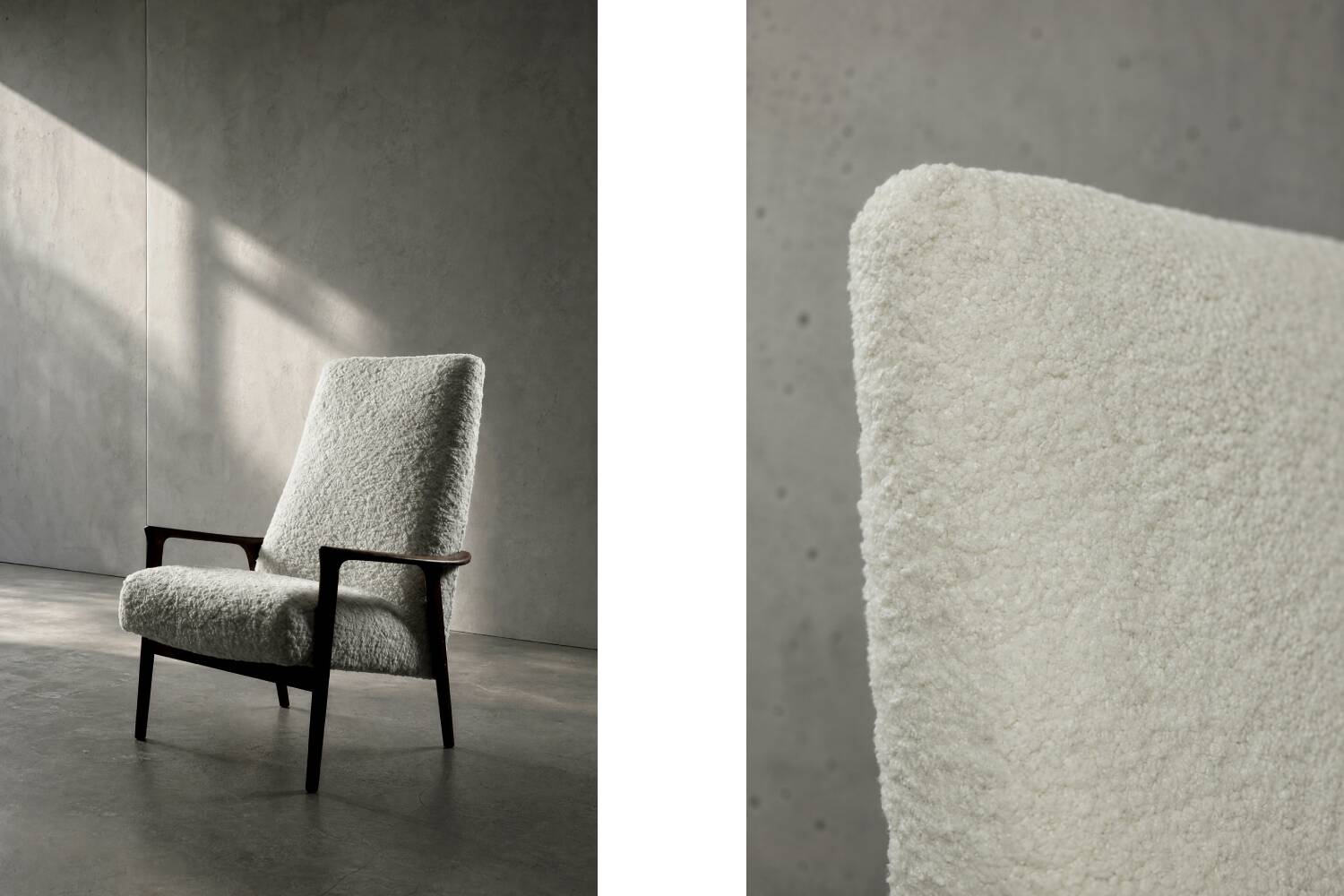Vintage Mid-Century Scandinavian Modern White Boucle &Teak High Armchair