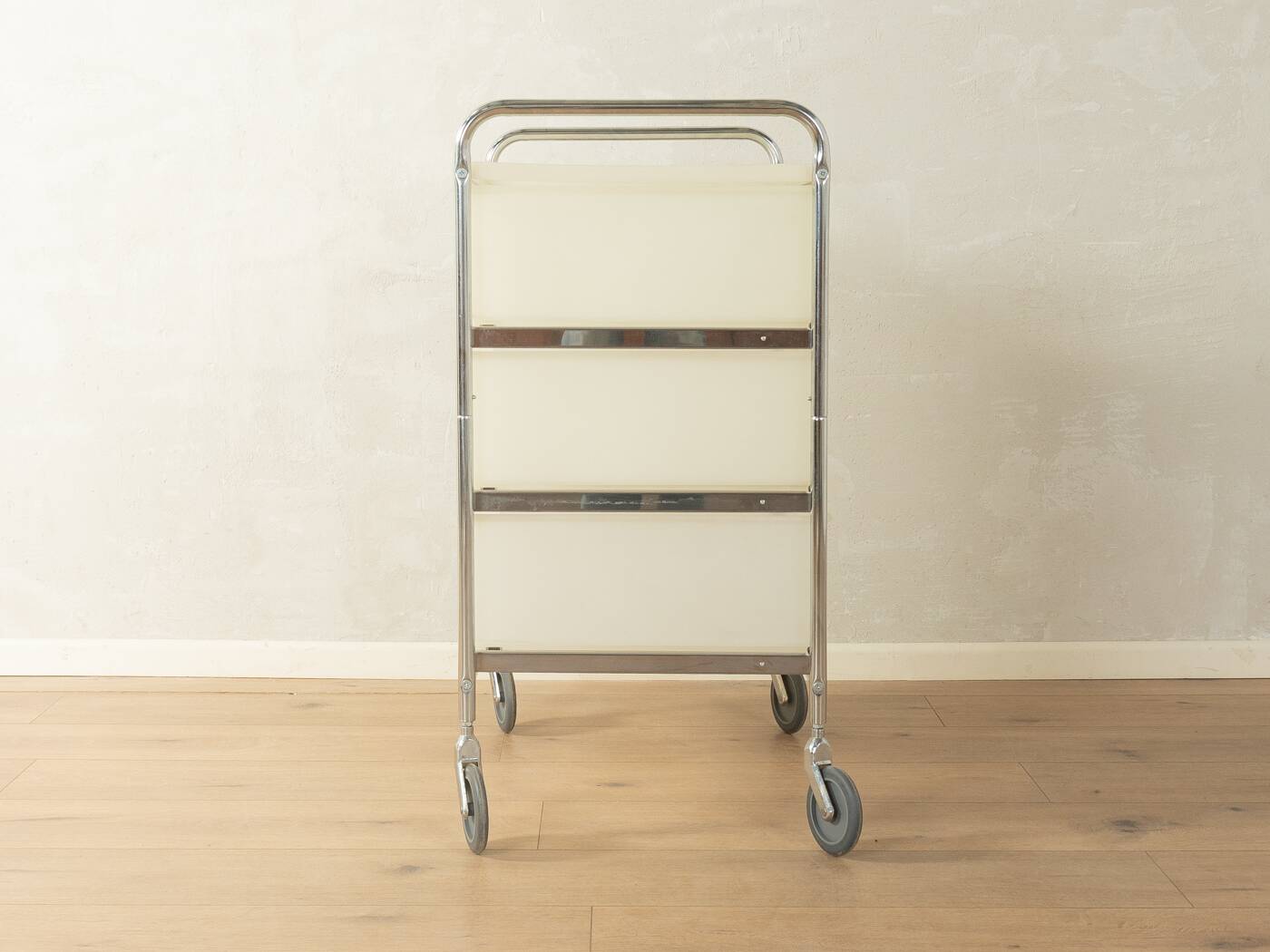 Functional rolling container with chrome frame and transparent drawers, 1980s