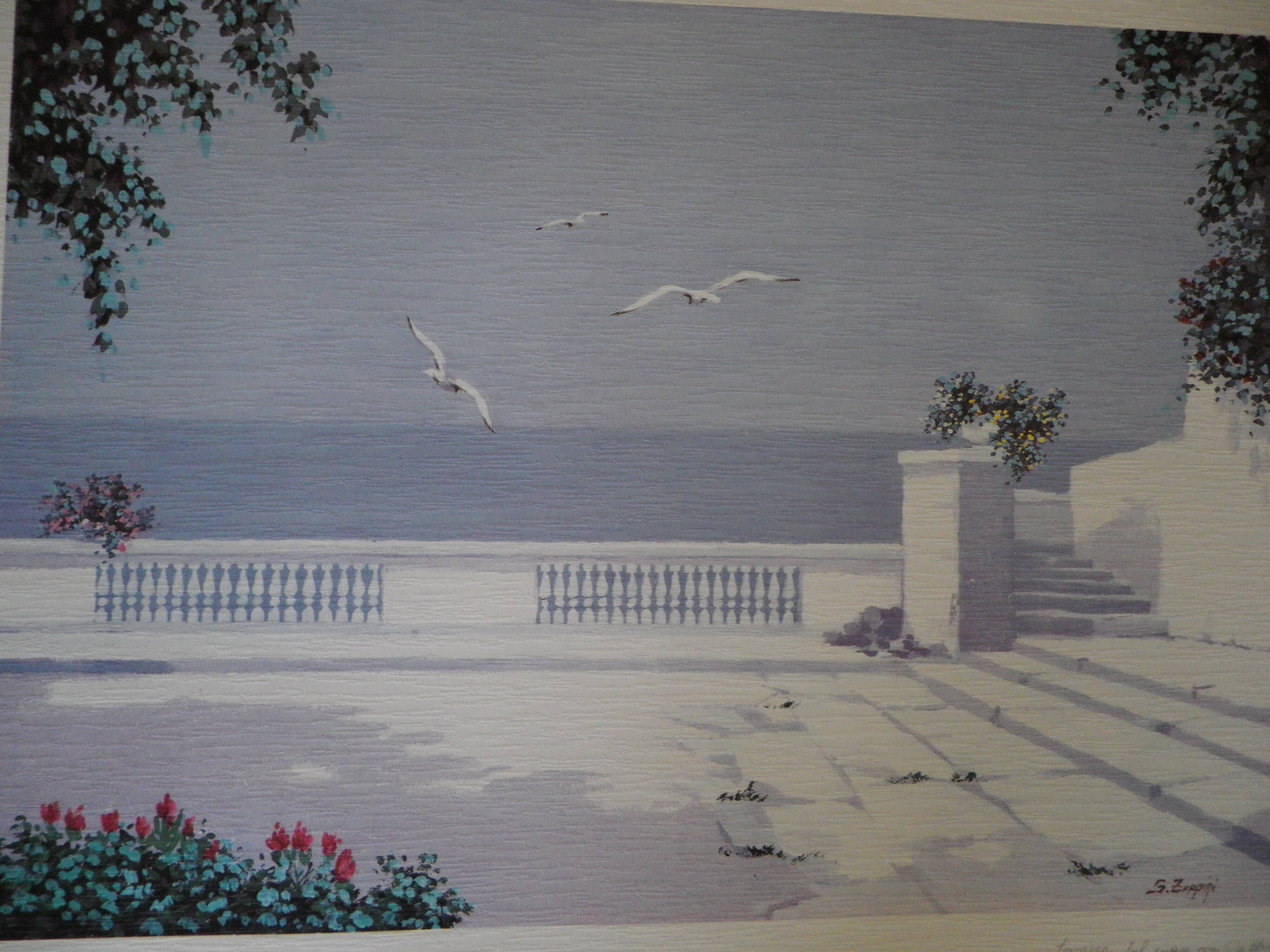 Giorgio Zuppini, Terrace by the Sea with Seagulls, Lithograph, 1970