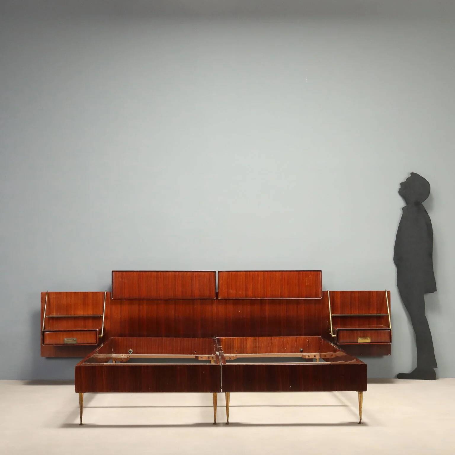 Double bed from the 1960s with bedside tables by Silvio Cavatorta.