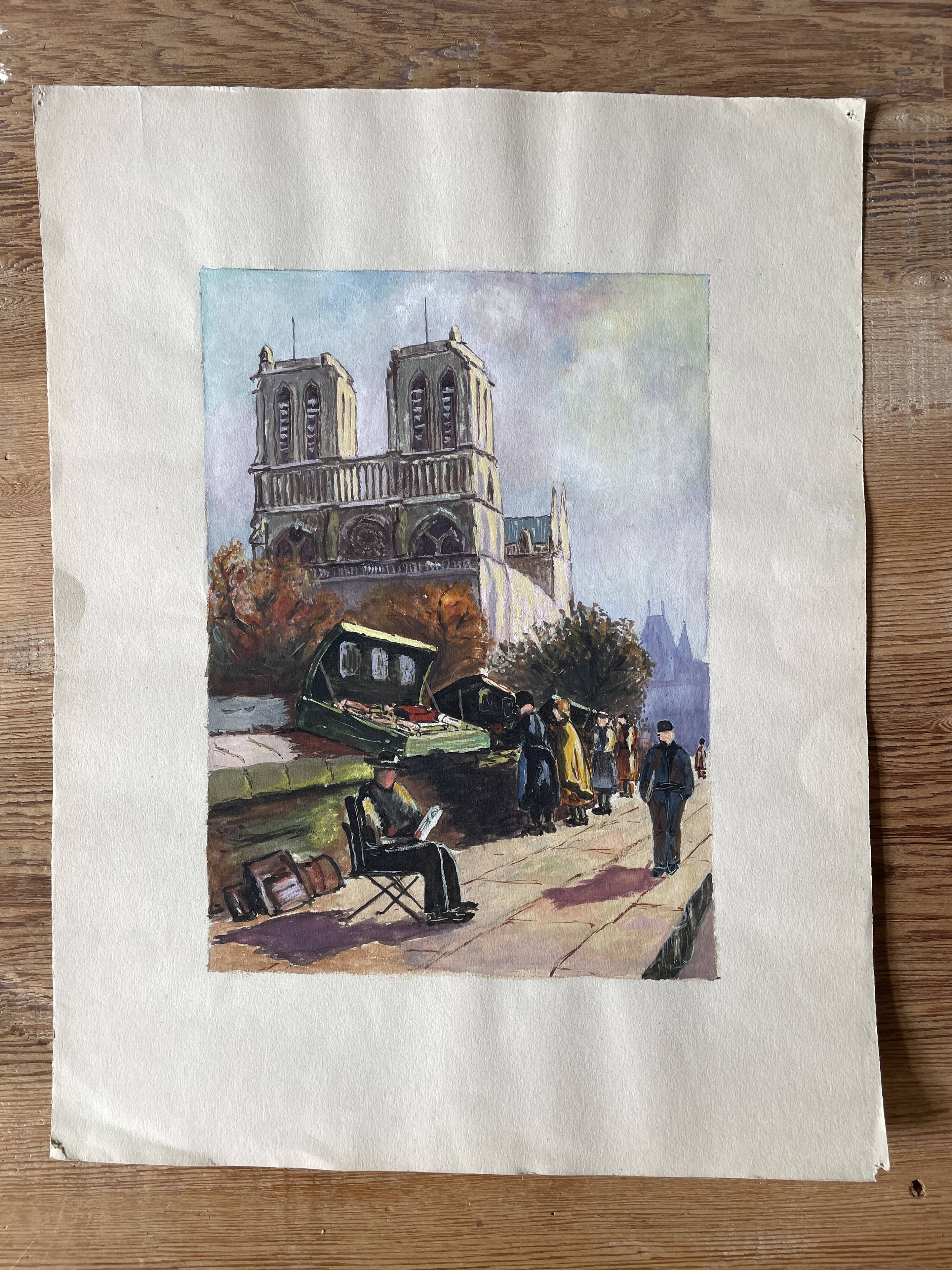 Ancient gouache on paper, Notre Dame de Paris