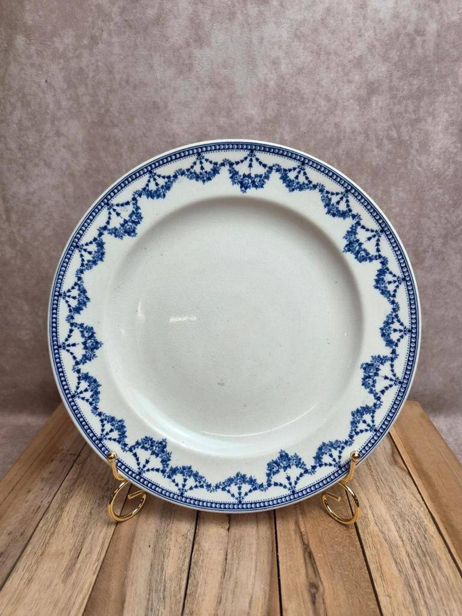 Antique English plate Crescent Ware Empire England blue garland decoration