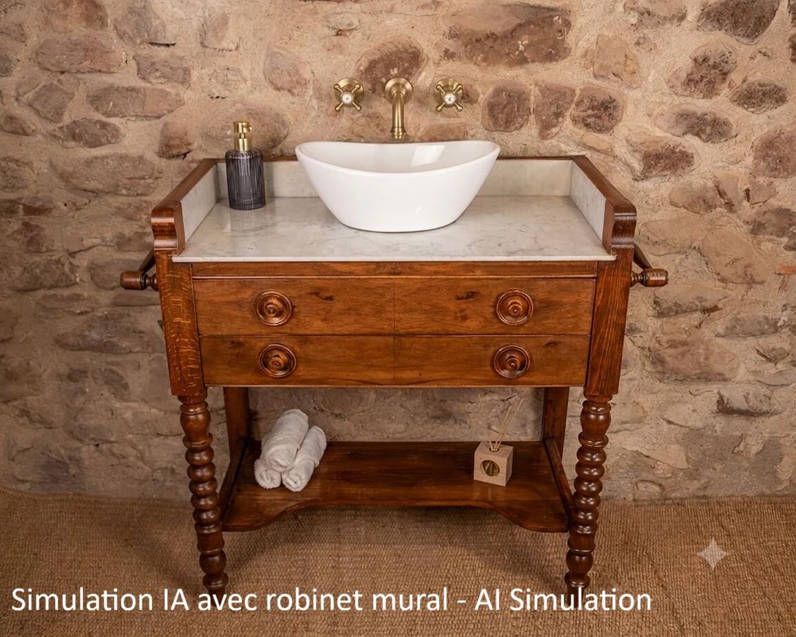 Marble and wood washbasin cabinet in Louis-Philippe style with double drawer.