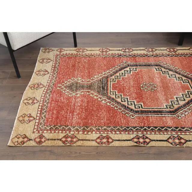 1970s Vintage Turkish Oushak Handmade Wool Cotton Red Runner Rug 116x267