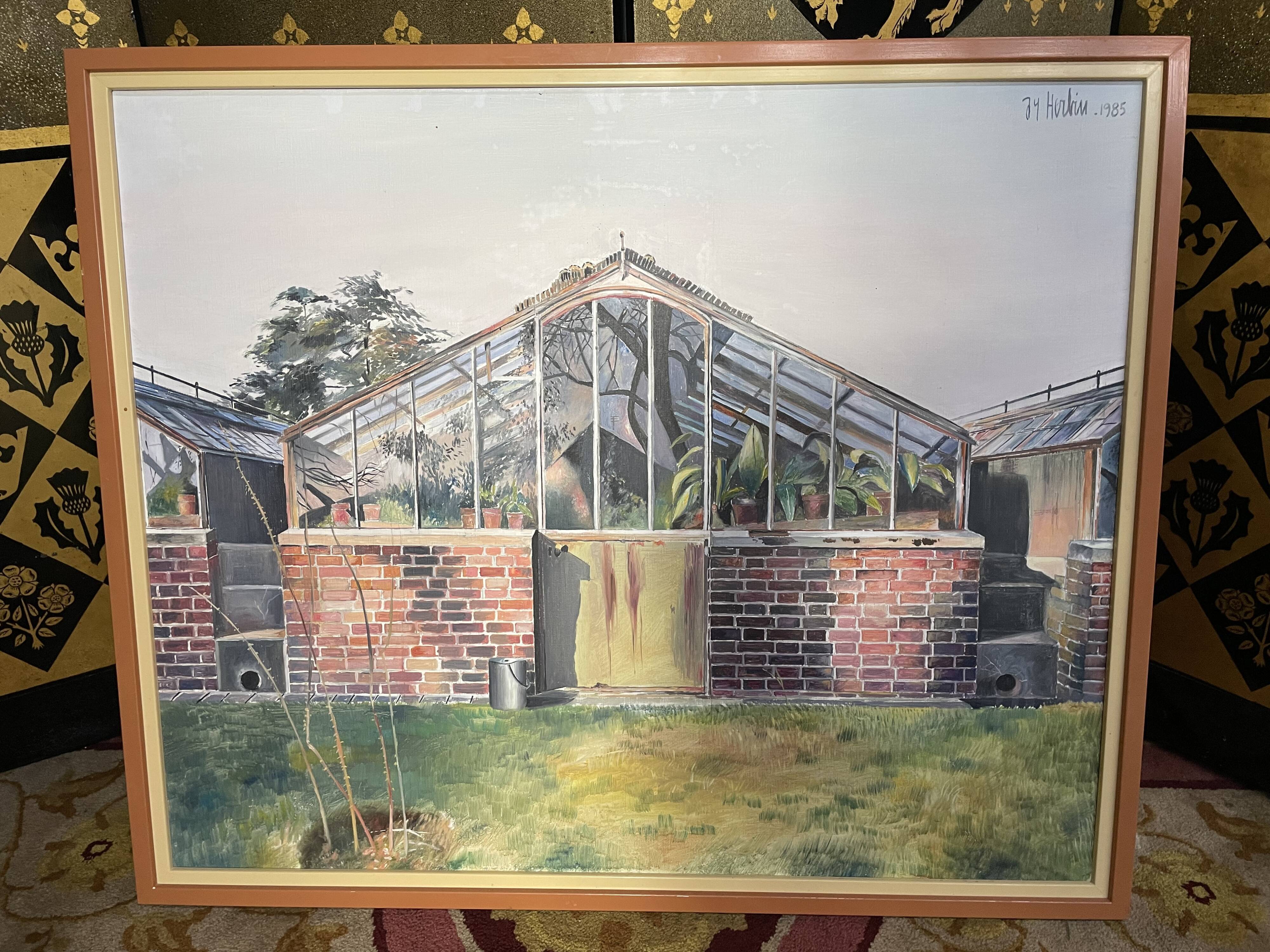 Oil on canvas "the greenhouse in the garden" signed