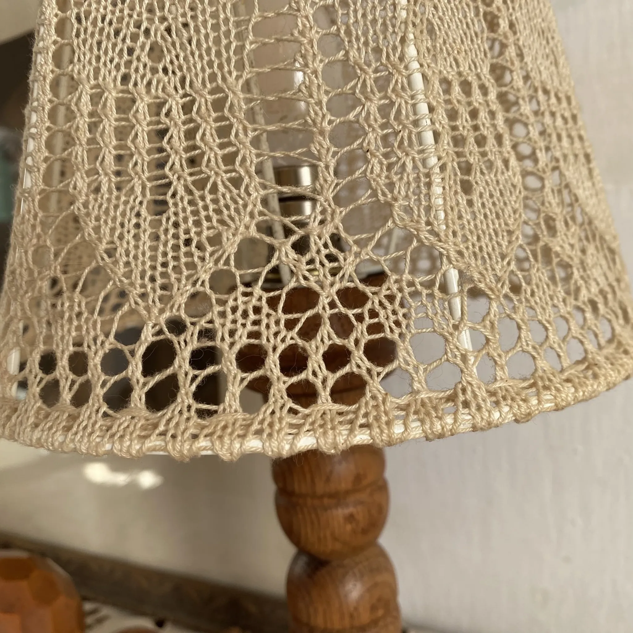 Wooden turned bedside lamp with lace