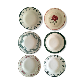 Assiettes creuses anciennes assorties en rouge et vert