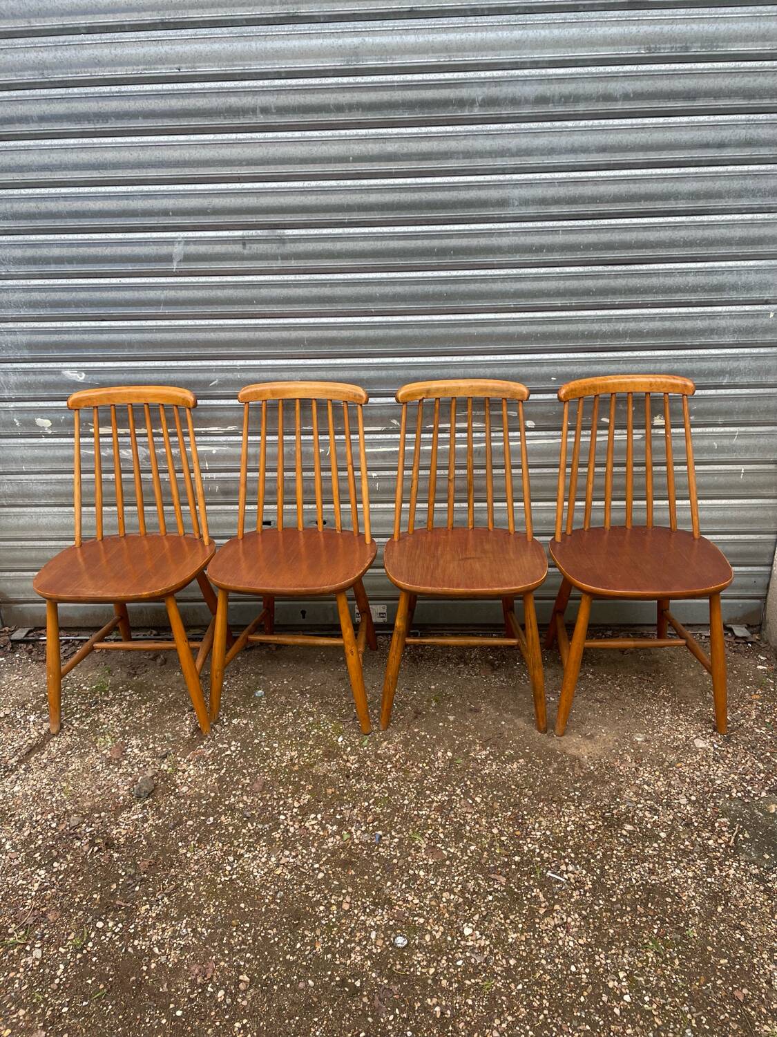 Set of 4 vintage beech chairs with teak seat
