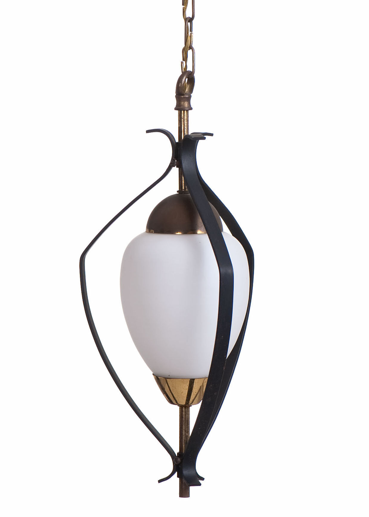 Vintage opaline & black metal hanging lamp 1950