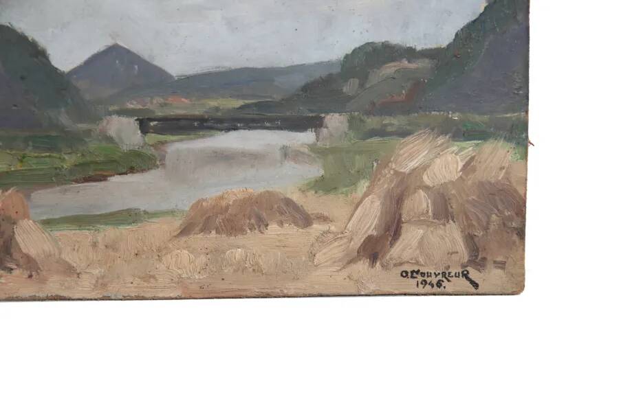 Landscape oil painting on hardboard by O. Couvreur, 1946