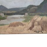 Landscape oil painting on hardboard by O. Couvreur, 1946
