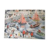 Affiche pédagogique scolaire ancienne-port en bretagne-retour de pêche