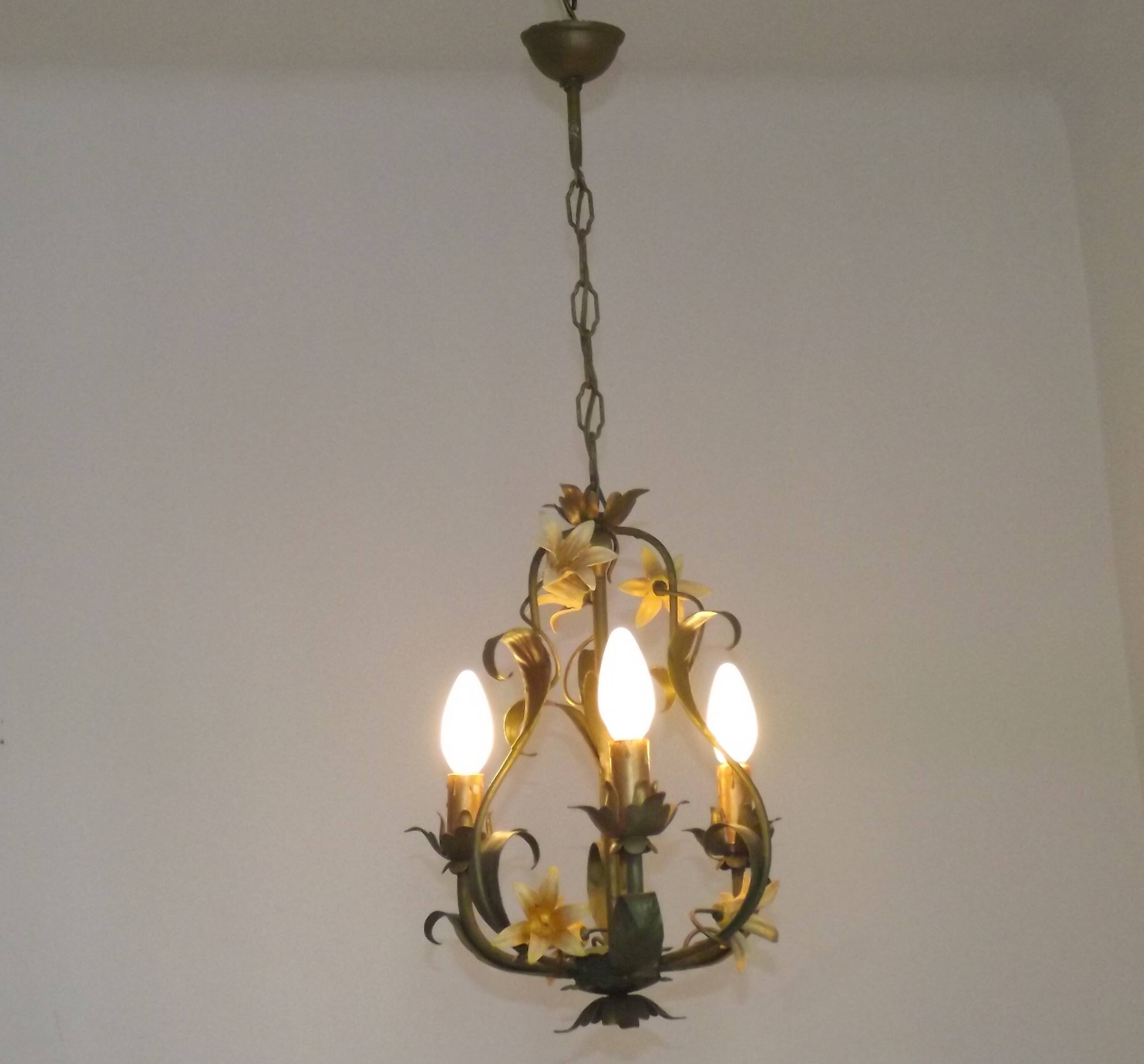 French Vintage 3 Light Cage Chandelier Hand Painted Floral Design