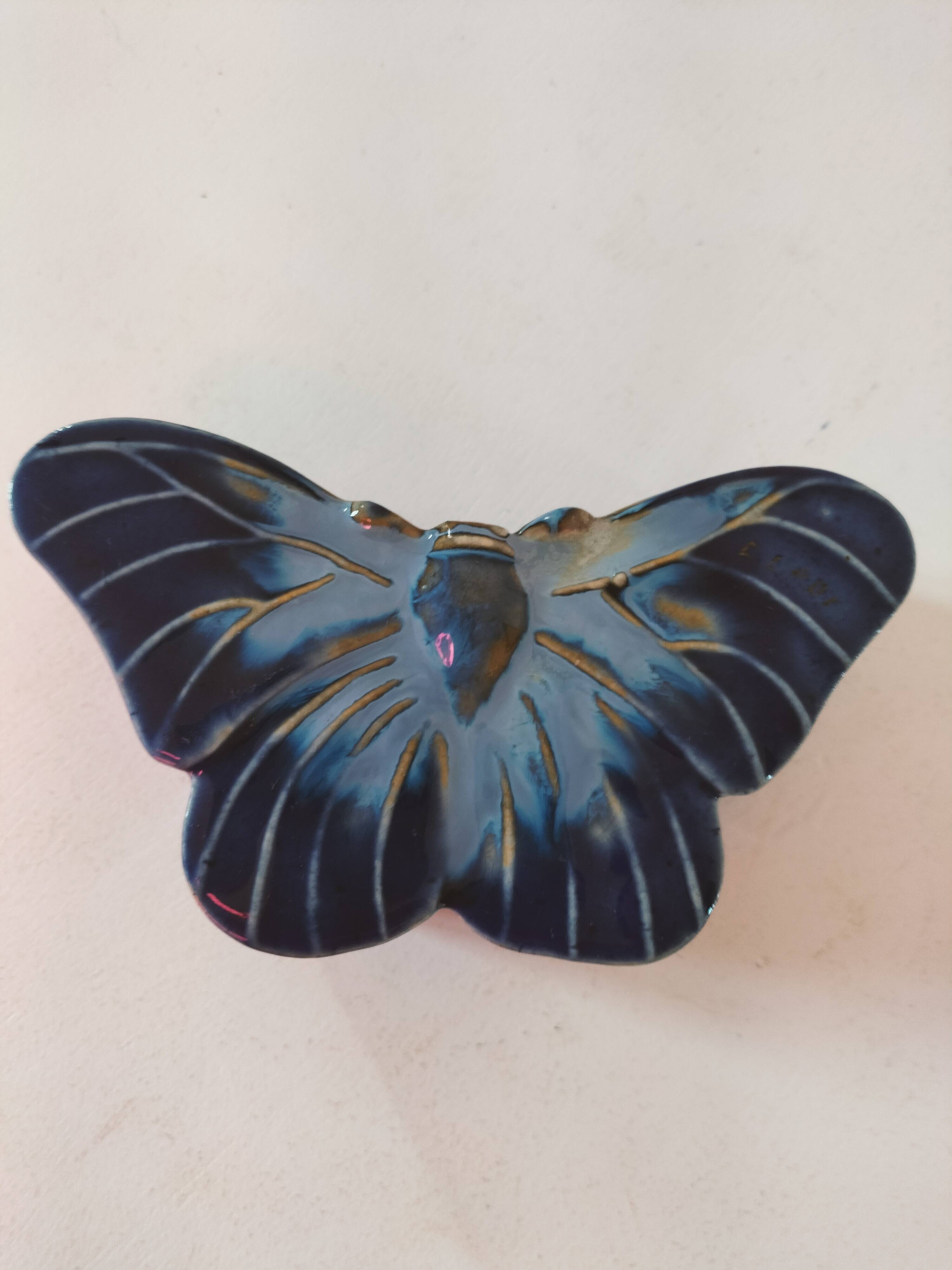 Vintage blue enameled ceramic butterfly box signed alpho