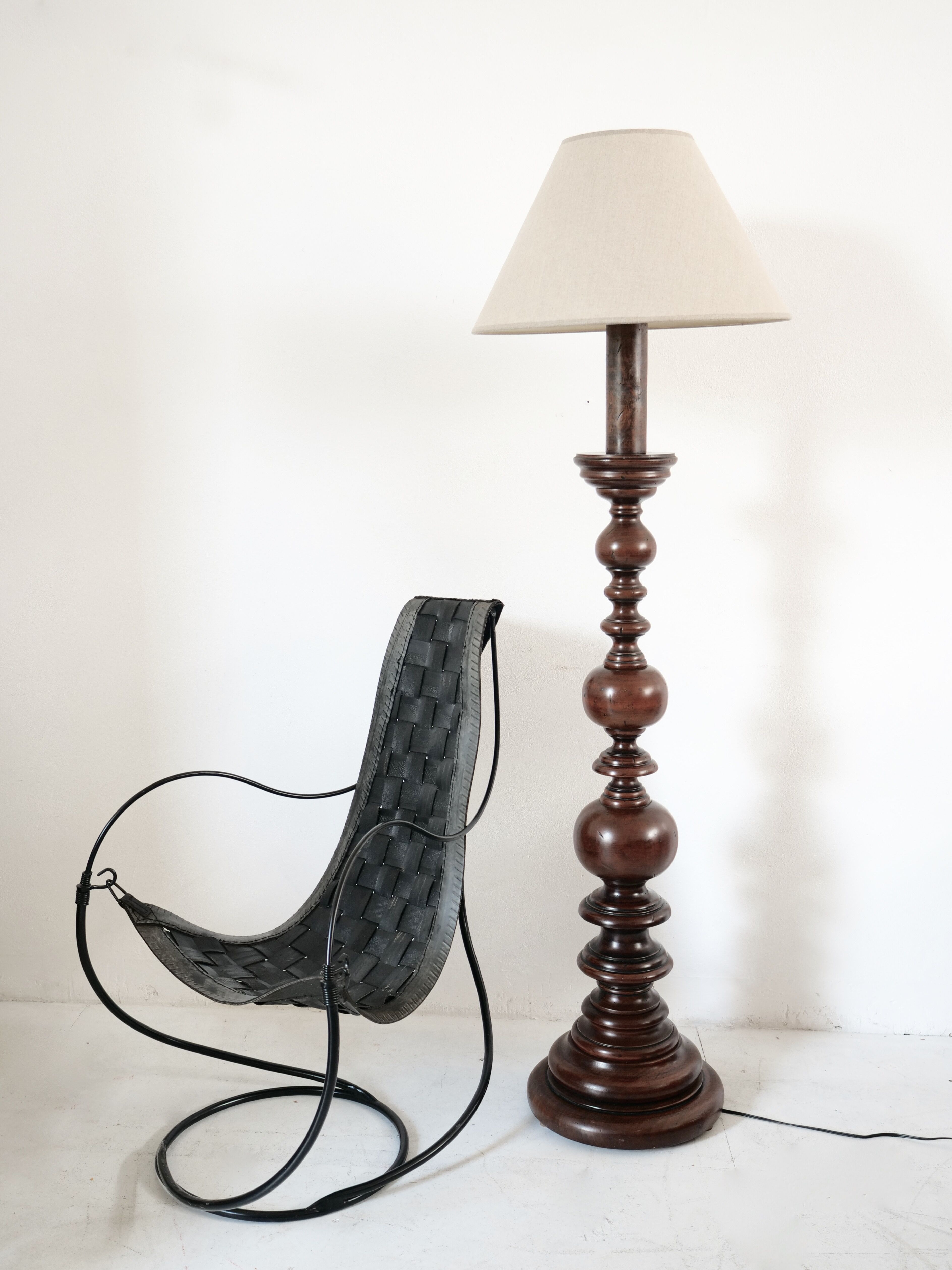 Turned wooden floor lamp