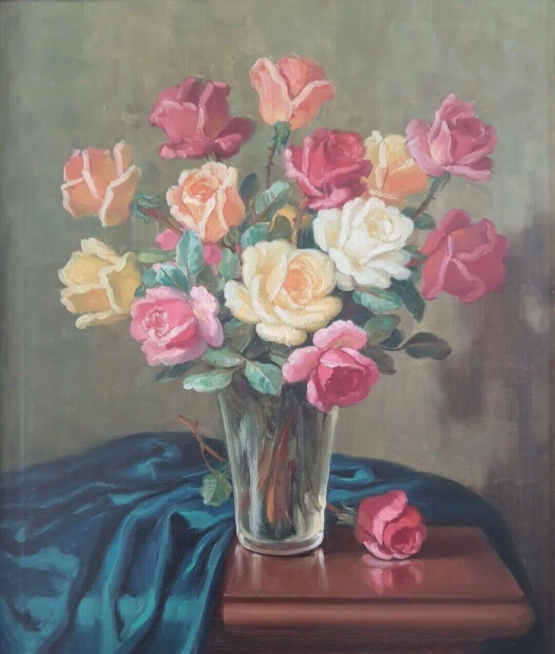 Bright Still Life With Pink Flowers, Oil Painting, 20th Century