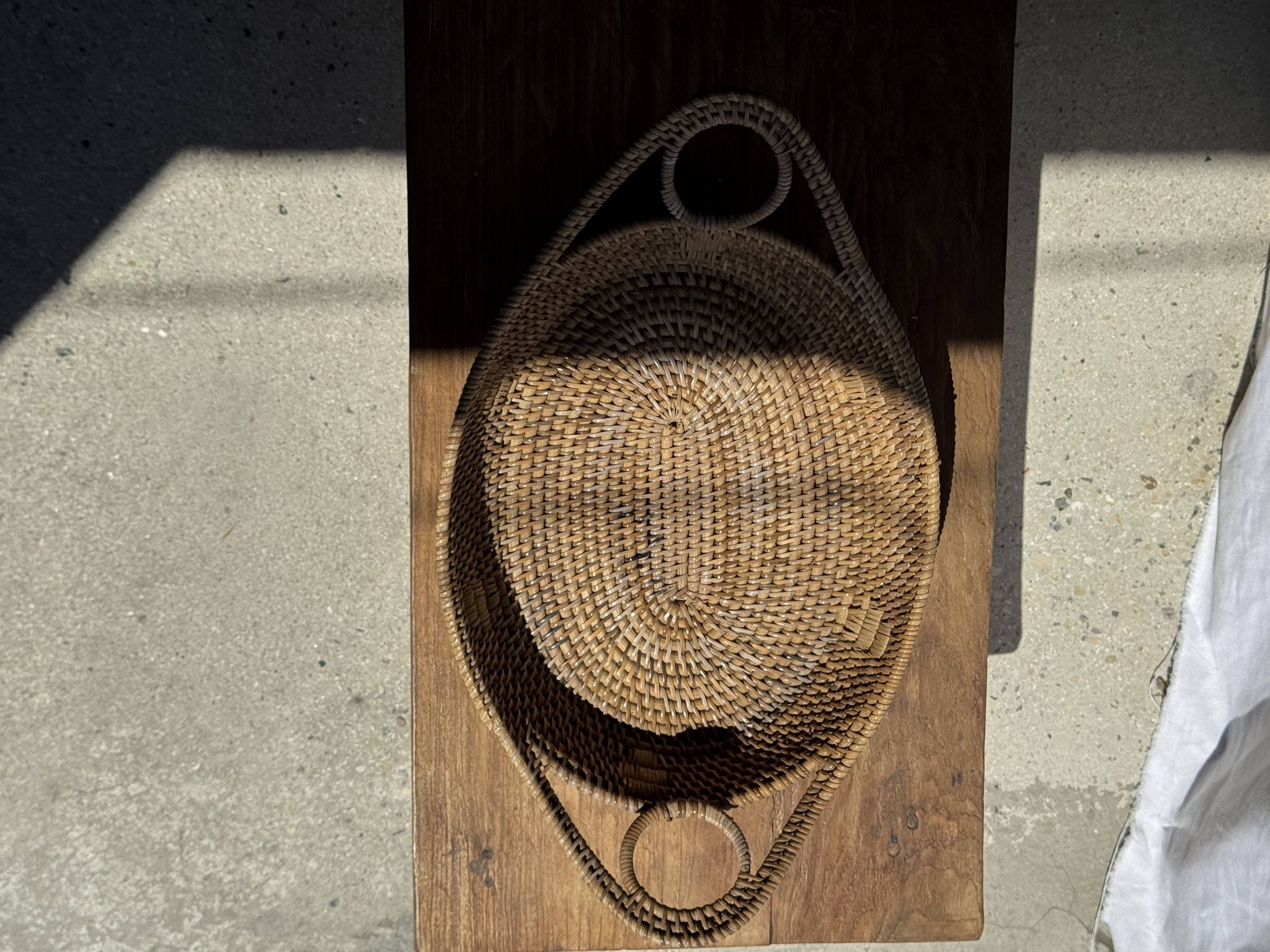 Large flat oval woven rattan basket with handles, Indonesian L53x64