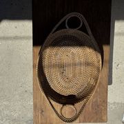 Large flat oval woven rattan basket with handles, Indonesian L53x64