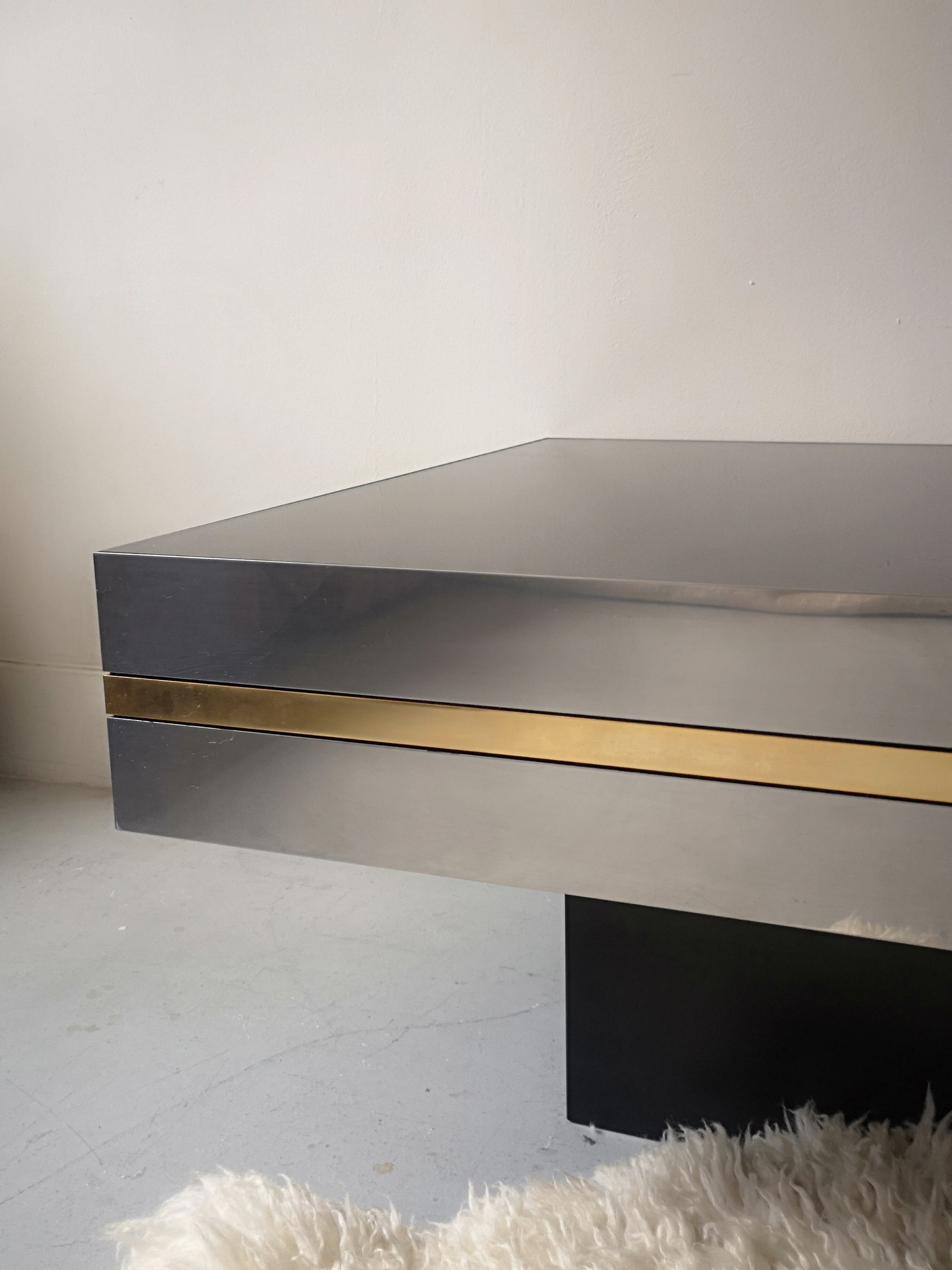 Coffee table design smoked mirror and steel sheet, belgium 1970