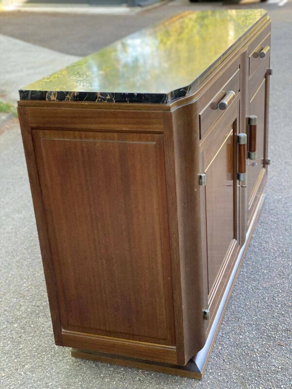 Buffet parisien art déco vintage en bois massif et marbre noir 180cm
