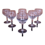 Set of engraved vintage flower balloon red wine glasses.