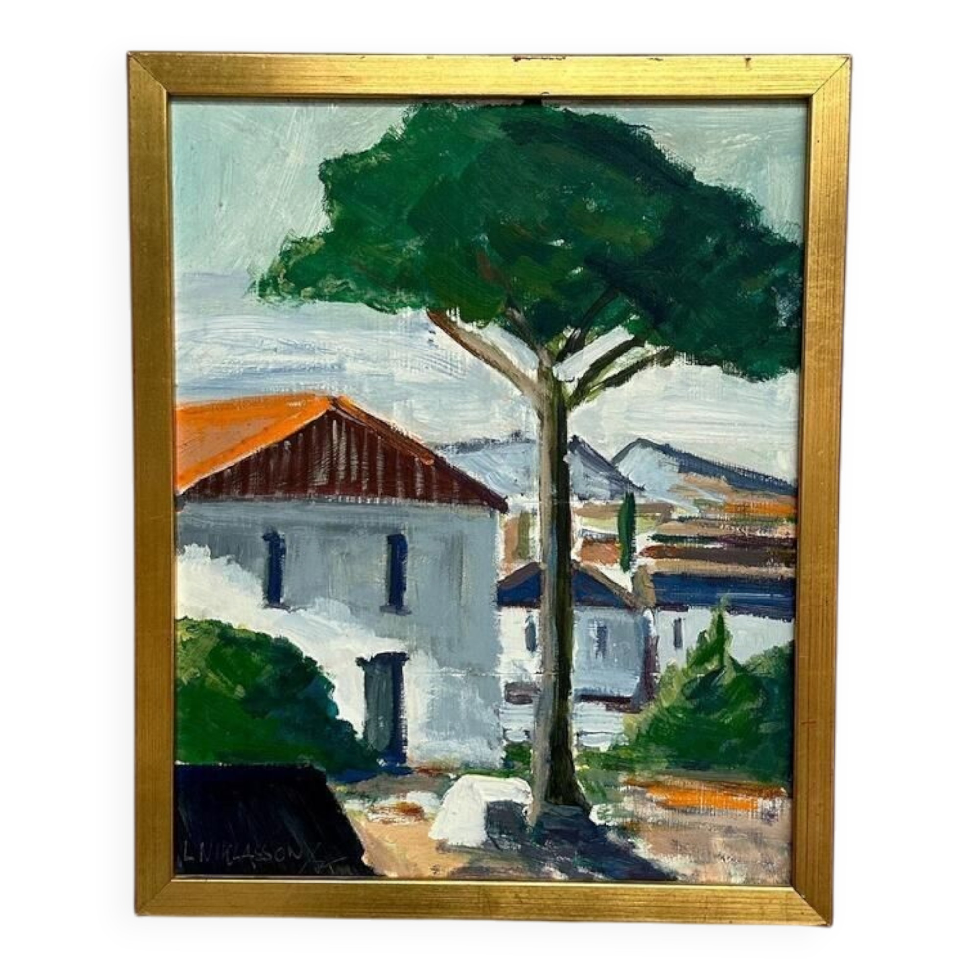 Swedish Oil on Panel – “Tree by the House” by L. Niklasson – Dated 1975 – V