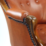 Fauteuil en cuir et noyer cognac, Tchécoslovaquie années 1940
