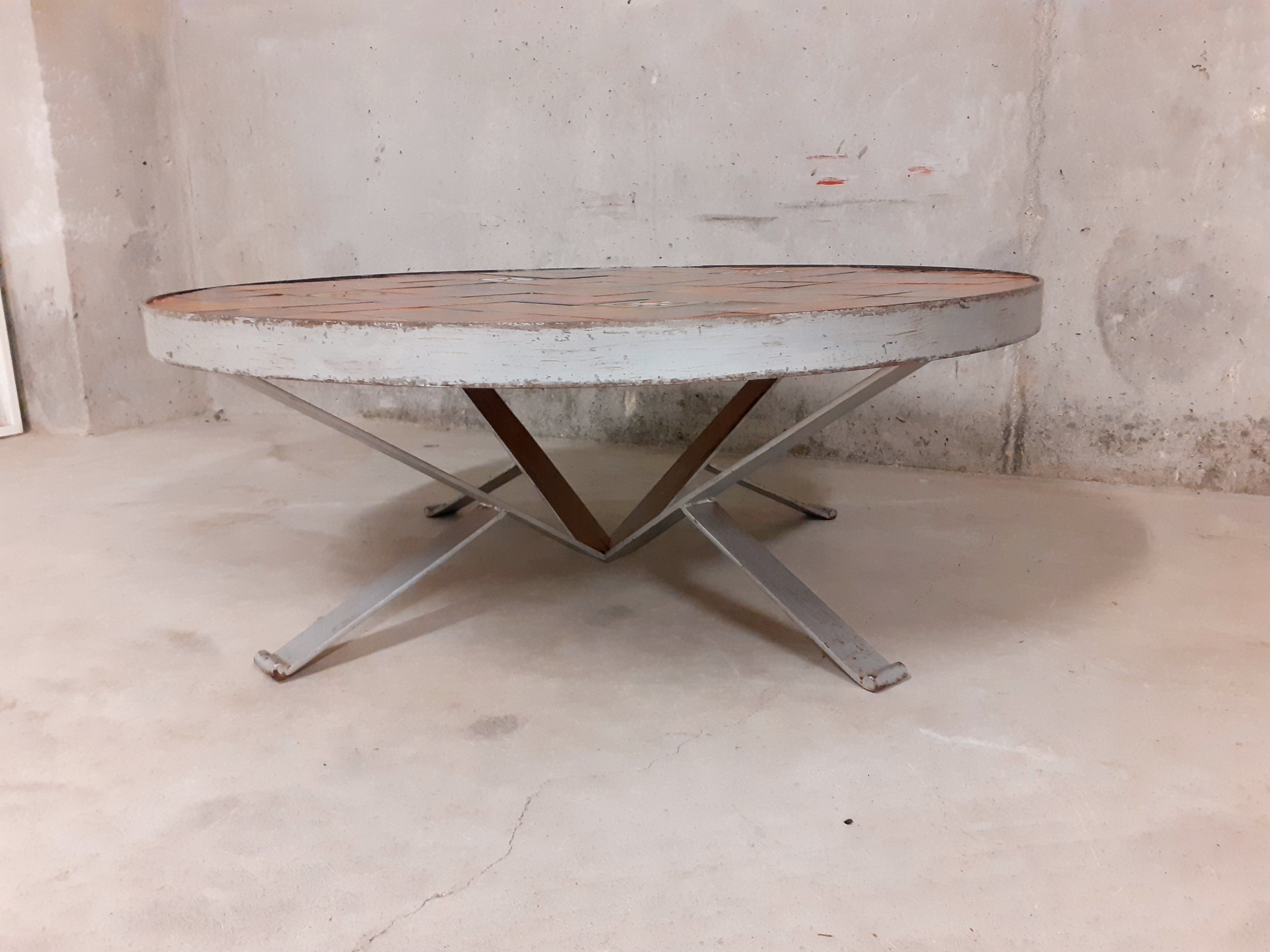 Vintage round coffee table roche-bobois in steel and ceramic 70s