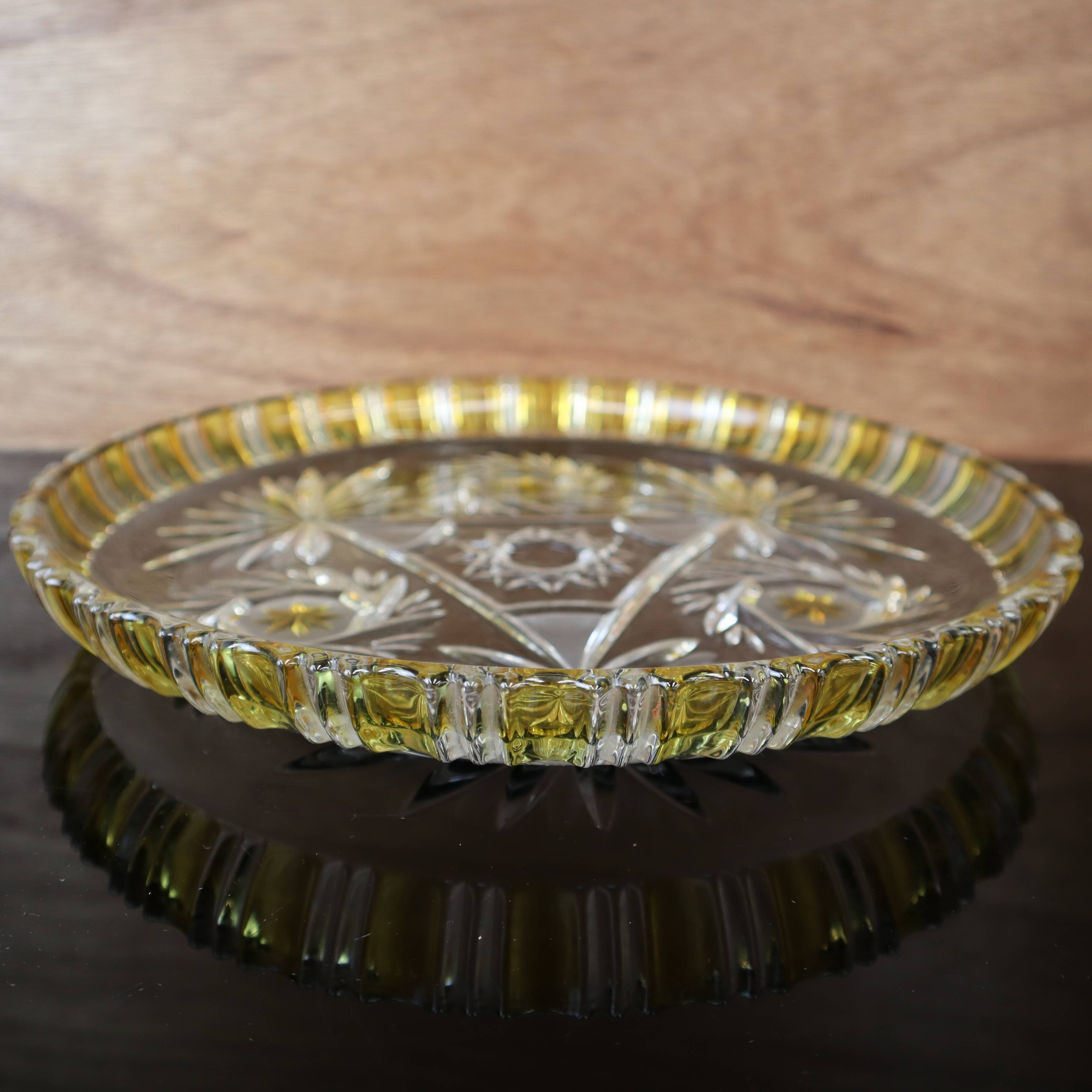 Walther Glas Bohemian crystal dish with yellow and flower pattern