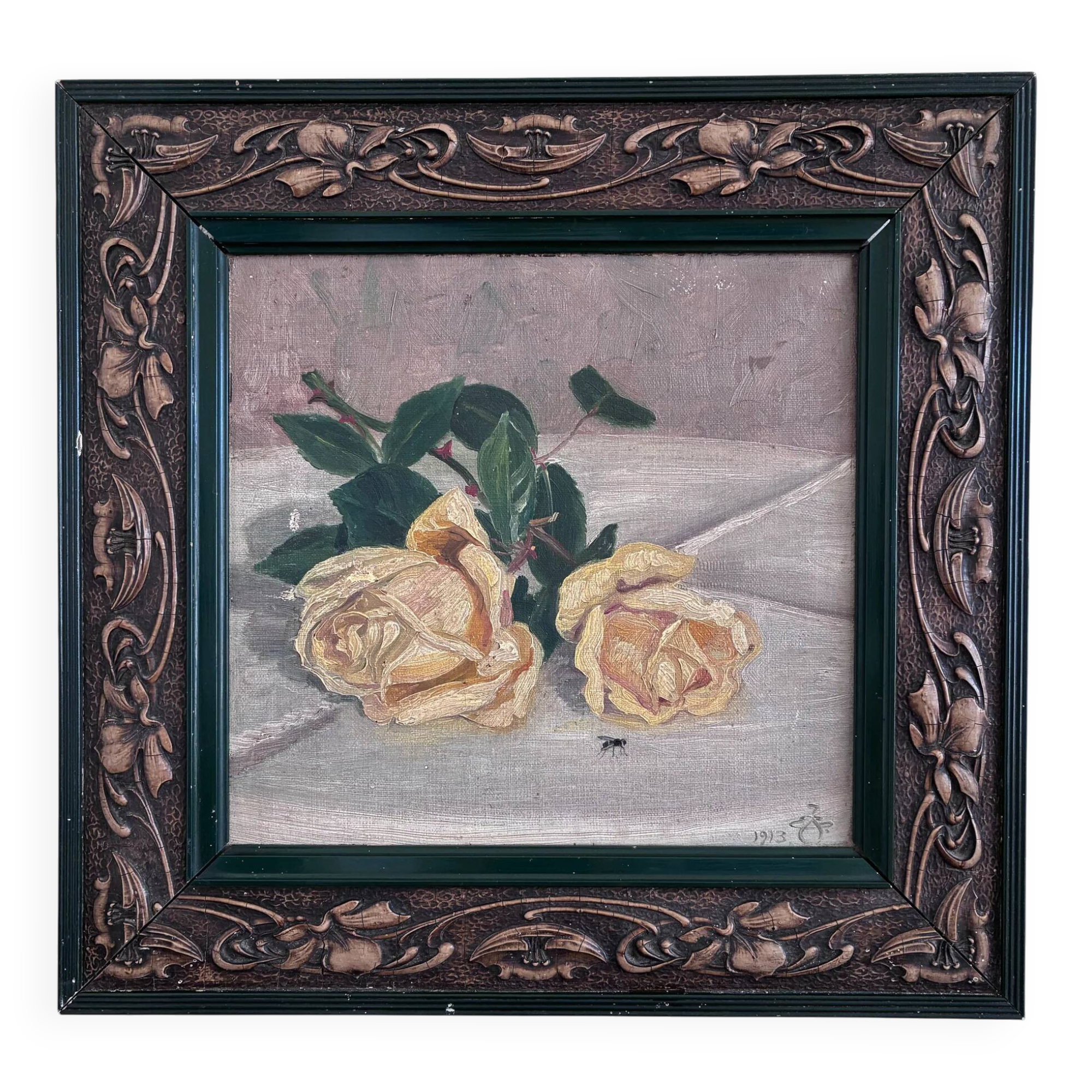 Antique original flower oil painting, yellow roses still life art