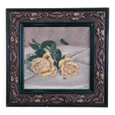 Antique original flower oil painting, yellow roses still life art