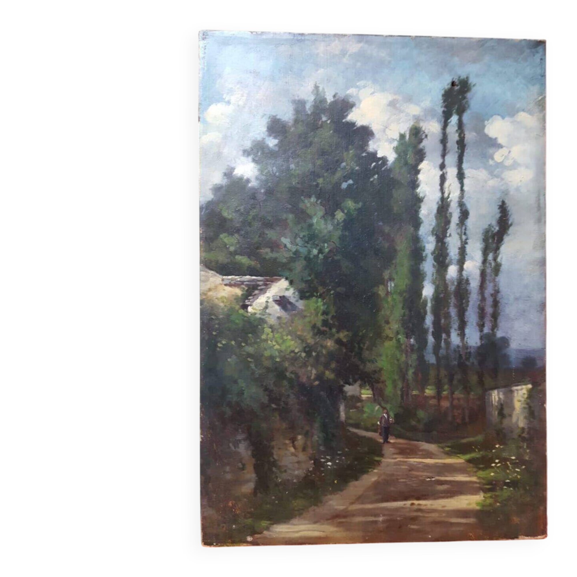 Landscape, path to the house - Original old oil painting on canvas