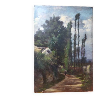 Landscape, path to the house - Original old oil painting on canvas