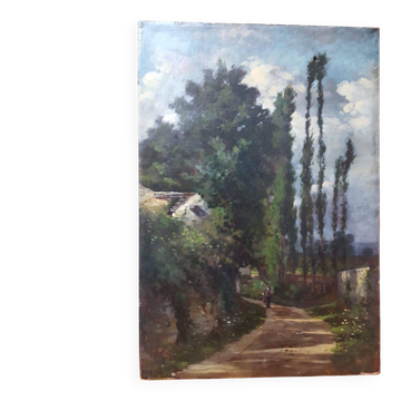 Paysage, chemin vers la maison - Peinture ancienne huile sur toile originale