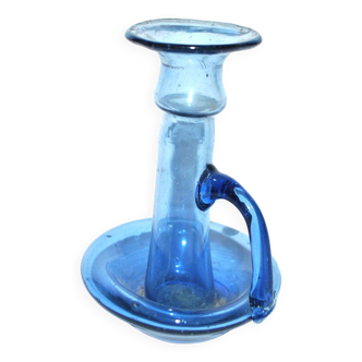 Antique candle holder in blue blown glass ras de cave folk art 19th c.