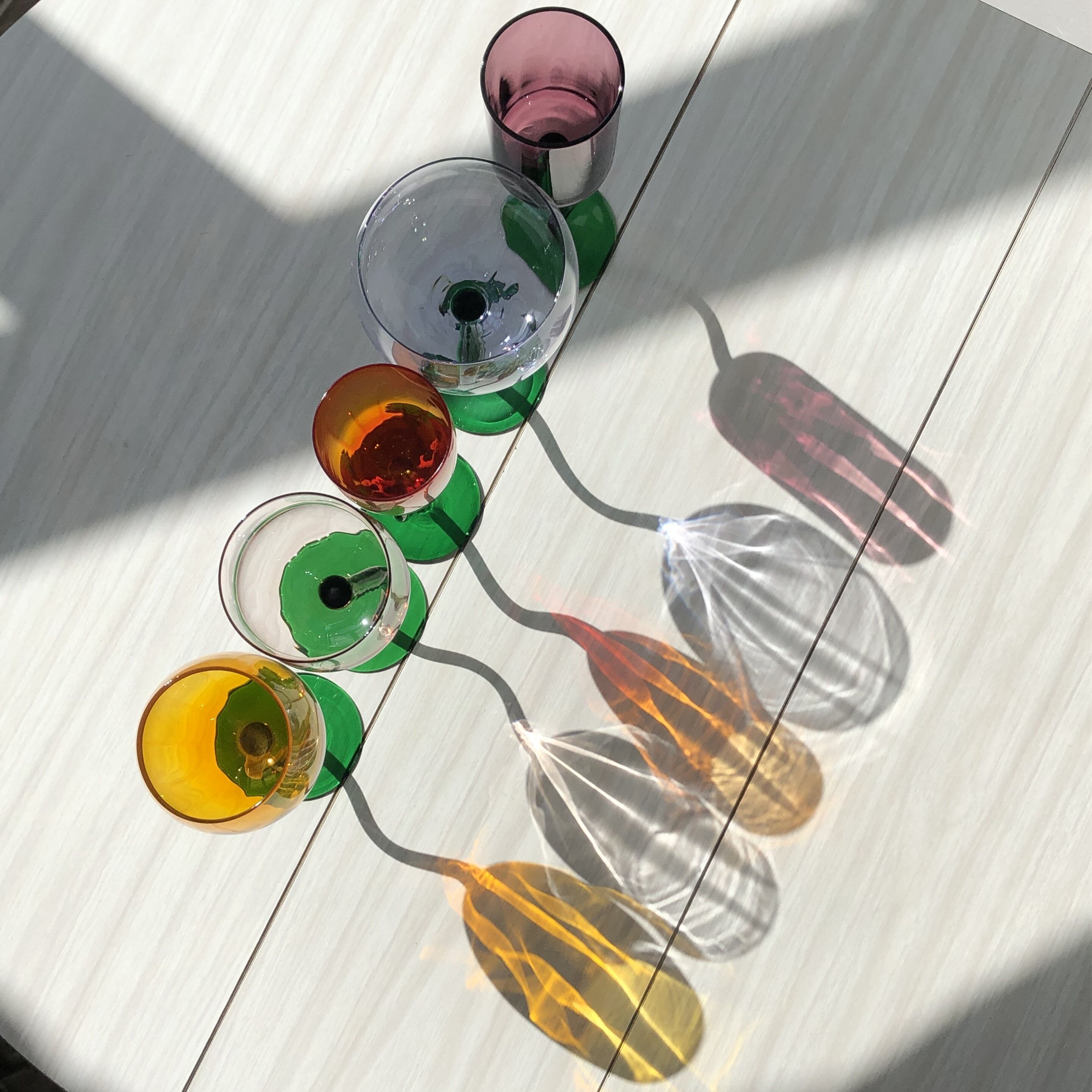 Set of 5 colored blown glass tulip glasses