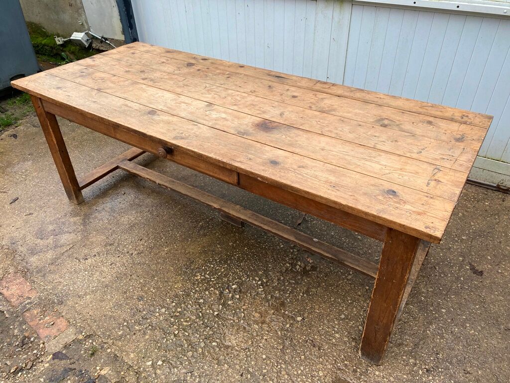 Farmhouse dining table 205cm for 8/10 people in solid pine with 1 drawer 1930