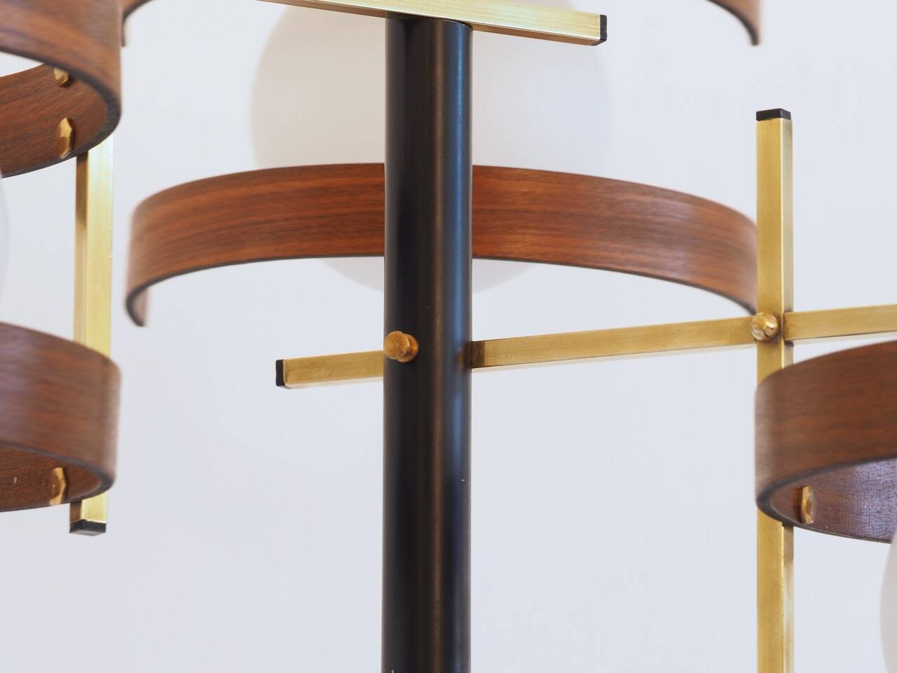 Italian 3-globe pendant light in opaline with teak and brass.