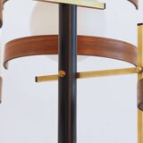 Italian 3-globe pendant light in opaline with teak and brass.