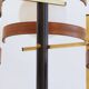 Italian 3-globe pendant light in opaline with teak and brass.