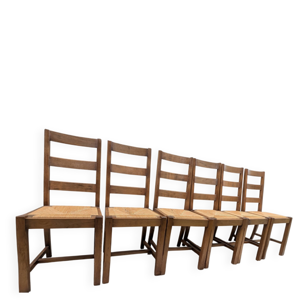 6 chaises rustiques en chêne massif et paille — Beyit