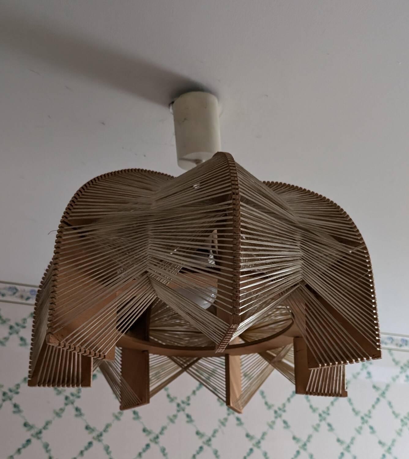 Vintage Scandinavian wood and raffia pendant chandelier