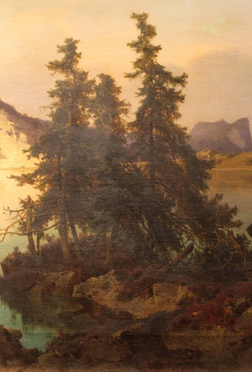 Joseph Brunner, Paysage autrichien avec lac et montagne, 1869, huile sur toile, encadré